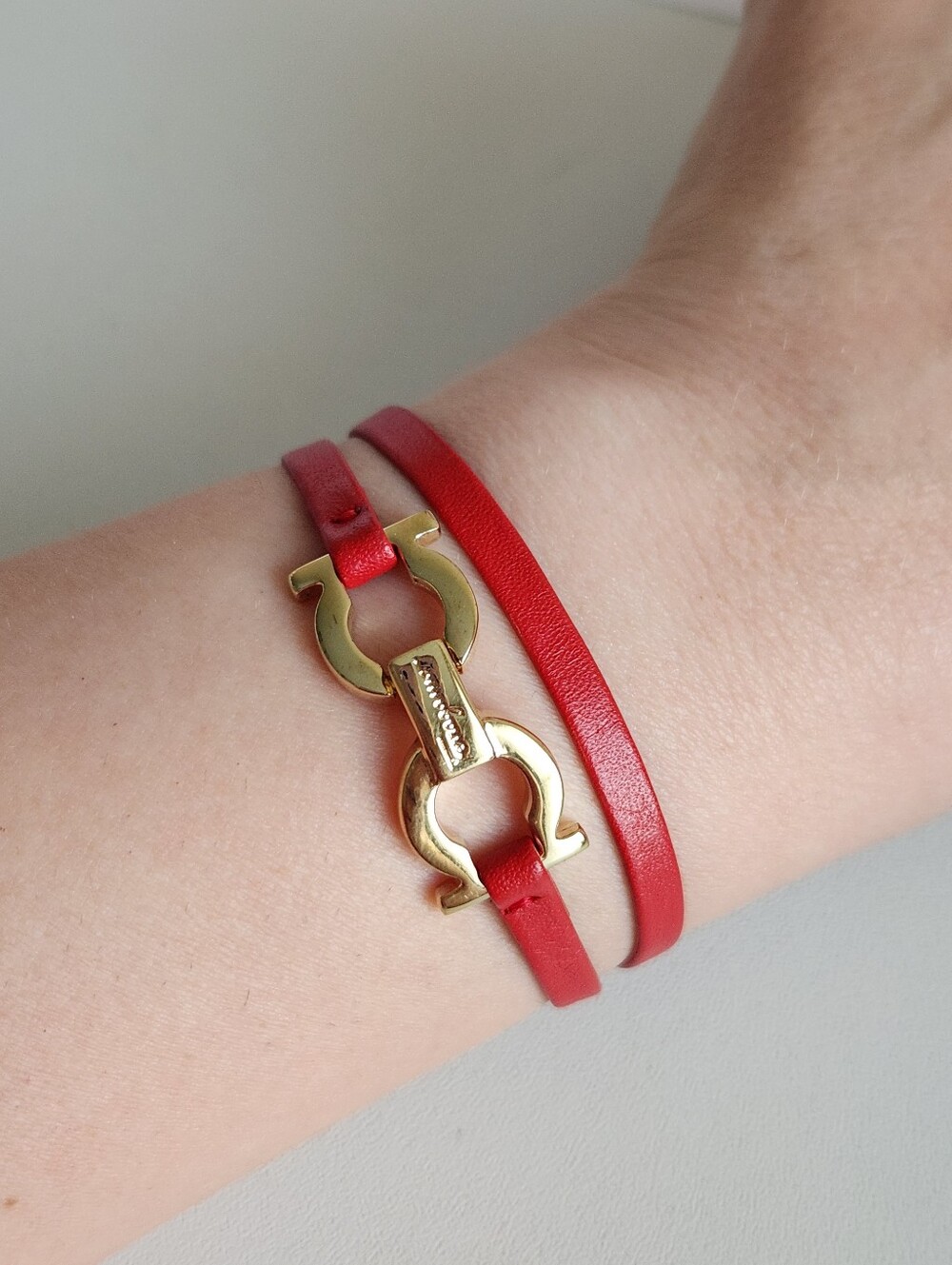 Pristine Salvatore Ferragamo Red Leather Bracelet with Gold Accents